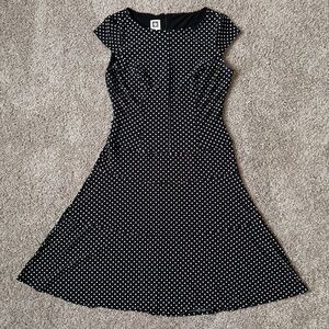 Anne Klein Polka Dot Drop Waist Office Siren Chic 90s Minimalist Black Midi 6